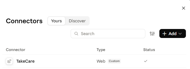 Claude's Connectors list with a tick in the Status column next to TakeCare
