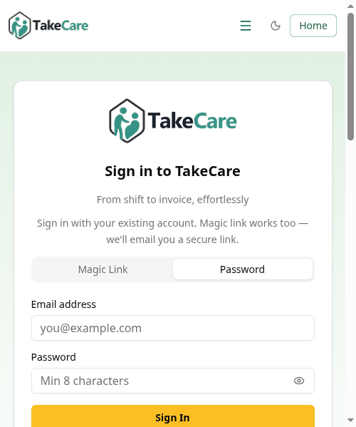 TakeCare's sign-in page, with Magic Link and Password, opened from Grok